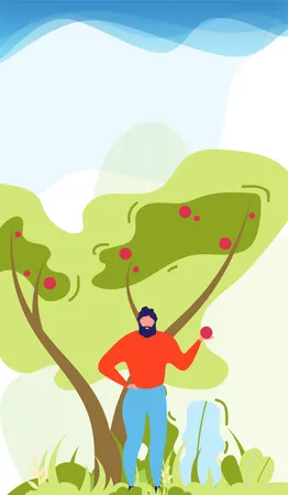 Homme tenant des fruits et debout sous un arbre  Illustration