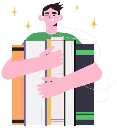 Homme tenant des livres dans ses mains et les écoutant et les lisant en ligne  Illustration