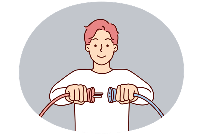 Un homme tenant deux câbles à haute tension souhaite connecter des fils pour démarrer un équipement électrique  Illustration