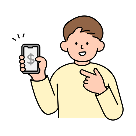 Homme tenant et pointant vers le téléphone pour vérifier les finances  Illustration