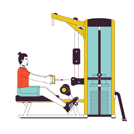 Homme tenant la poignée avec les bras tendus sur la machine de gym  Illustration