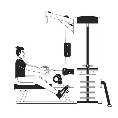 Homme tenant la poignée avec les bras tendus sur la machine de gym  Illustration