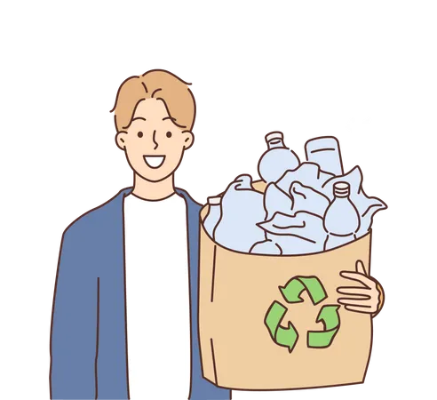 Homme tenant une bouteille en plastique de recyclage  Illustration