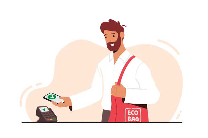 Homme tenant un smartphone avec application pour le paiement en ligne  Illustration