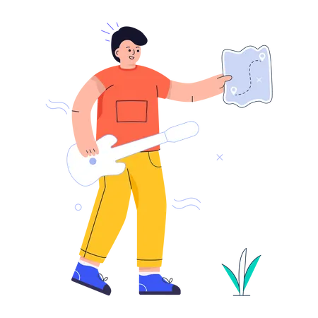 Homme tenant une carte de tournée et une guitare  Illustration