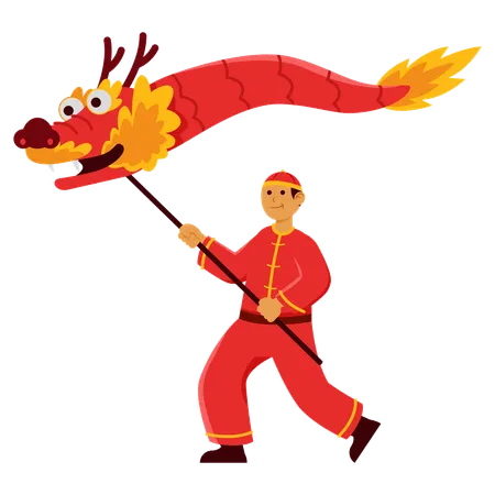 Homme tenant un dragon chinois  Illustration