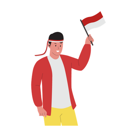 Homme tenant le drapeau et célébrant le jour de l'indépendance de l'Indonésie  Illustration