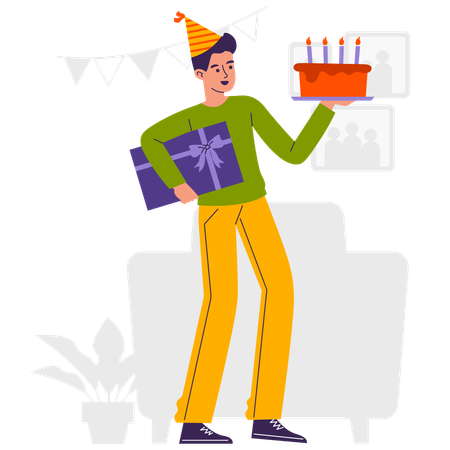 Homme tenant un gâteau et un cadeau d'anniversaire  Illustration