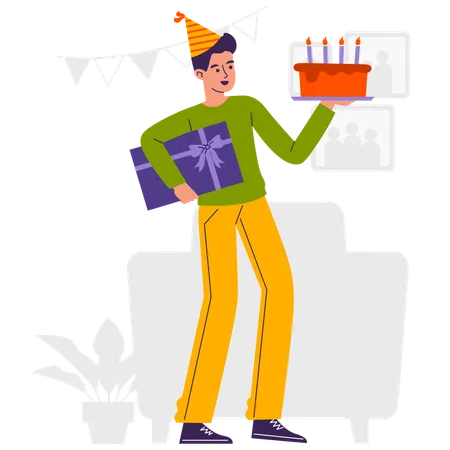 Homme tenant un gâteau et un cadeau d'anniversaire  Illustration