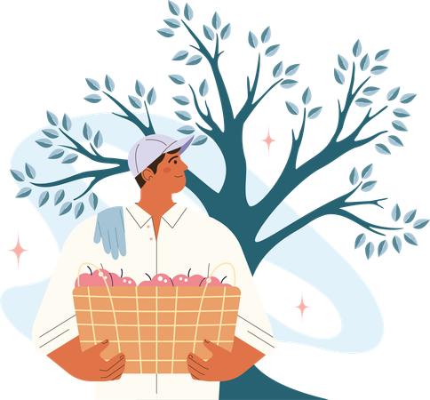 Homme tenant un grand panier avec la récolte.  Illustration