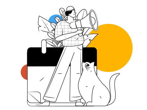 Homme tenant un mégaphone avec un chat  Illustration