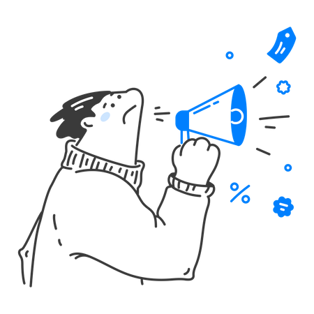 Homme tenant un mégaphone et faisant une annonce de réduction  Illustration