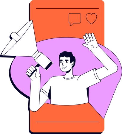 Un homme tenant un mégaphone tout en faisant de la publicité sur les réseaux sociaux  Illustration