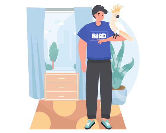 Homme tenant un oiseau sur sa main  Illustration
