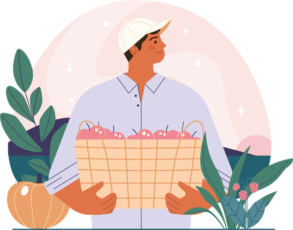 Homme tenant un panier de pommes  Illustration