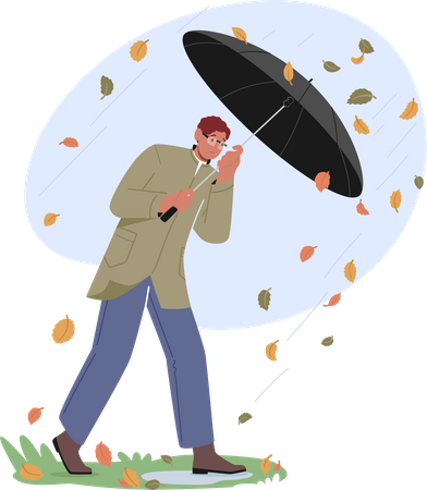 Homme tenant un parapluie et se protégeant de la pluie  Illustration