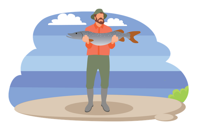 Homme tenant un poisson  Illustration