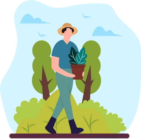 Homme tenant un pot de plante  Illustration