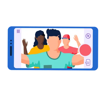 Un homme tenant un smartphone faisant un selfie avec une compagnie amusante d'amis agitant les mains isolées sur blanc  Illustration