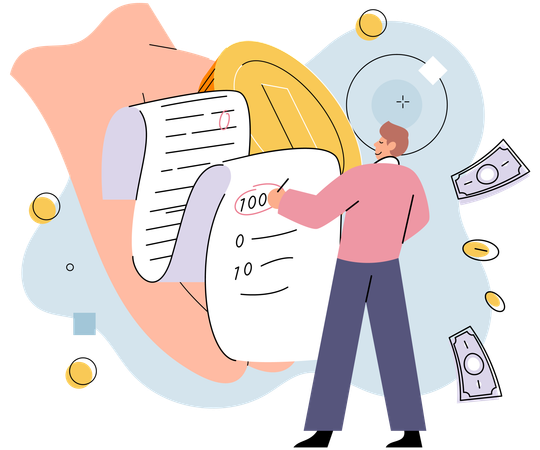 Homme tenant un stylo et signant un document bancaire  Illustration