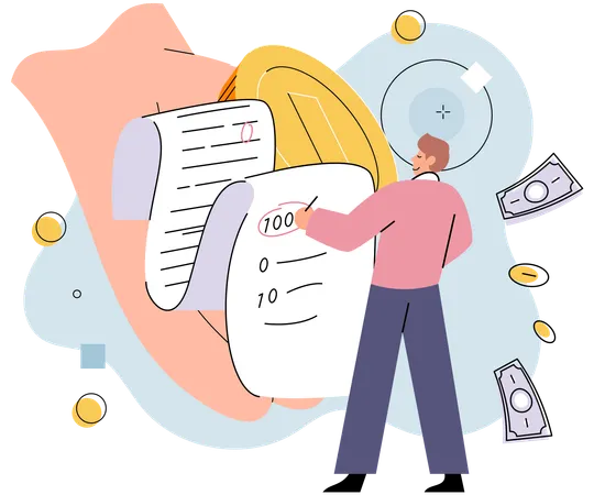 Homme tenant un stylo et signant un document bancaire  Illustration
