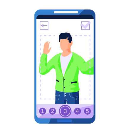 Un homme tenant un téléphone portable en cliquant sur un selfie, un cadre photo sur l'interface de l'écran dans une application de médias sociaux  Illustration