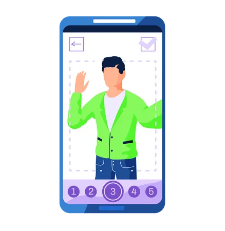 Un homme tenant un téléphone portable en cliquant sur un selfie, un cadre photo sur l'interface de l'écran dans une application de médias sociaux  Illustration