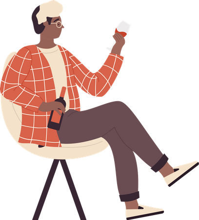 Homme tenant une bouteille de vin et un verre  Illustration