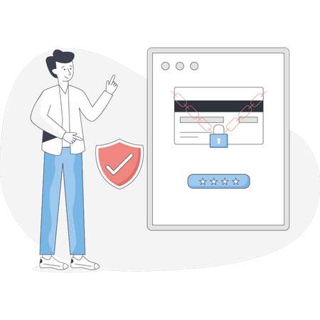 Un homme tenant une carte de crédit avec une icône de bouclier symbolisant les transactions en ligne sécurisées et la protection financière  Illustration