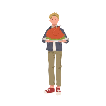 Homme tenant une dinde rôtie pour le dîner de Thanksgiving  Illustration