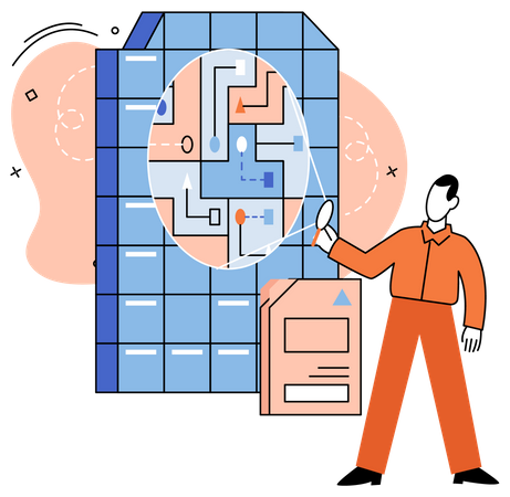 Homme tenant une loupe et analysant des données  Illustration