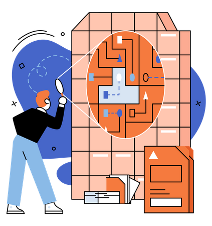 Homme tenant une loupe et analysant les données avec rapport  Illustration