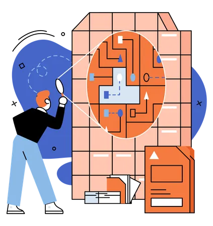 Homme tenant une loupe et analysant les données avec rapport  Illustration