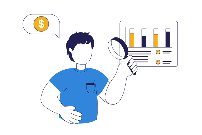 Homme tenant une loupe et analysant les finances  Illustration