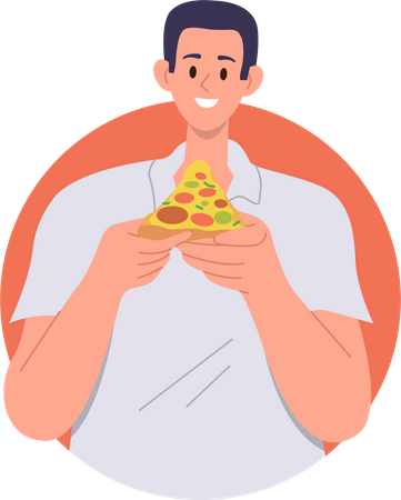 Homme tenant une savoureuse tranche de pizza prête à manger une délicieuse collation de restauration rapide indésirable  Illustration