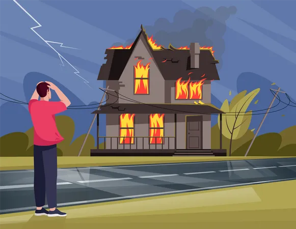 Un homme terrifié par le feu dans une maison d'habitation  Illustration