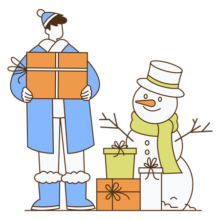 Un homme tient un coffret cadeau de Nouvel An avec un bonhomme de neige en hiver  Illustration