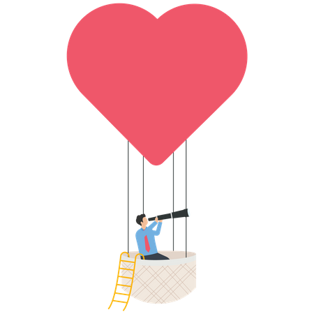 L'homme tient un télescope sur un ballon en forme de coeur  Illustration