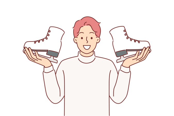 L'homme tient une paire de patins à glace dans les mains vous invitant à vous inscrire à des cours de patinage artistique ou de hockey  Illustration