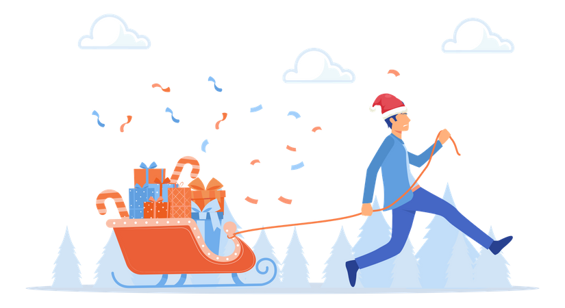 Homme tirant une planche de surf remplie de cadeaux pour Noël  Illustration