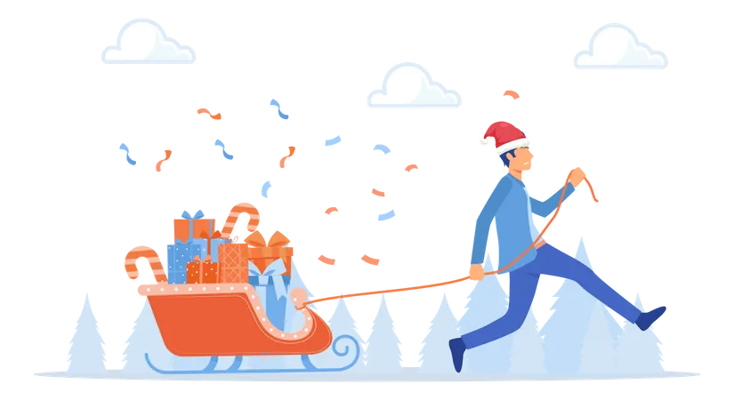 Homme tirant une planche de surf remplie de cadeaux pour Noël  Illustration