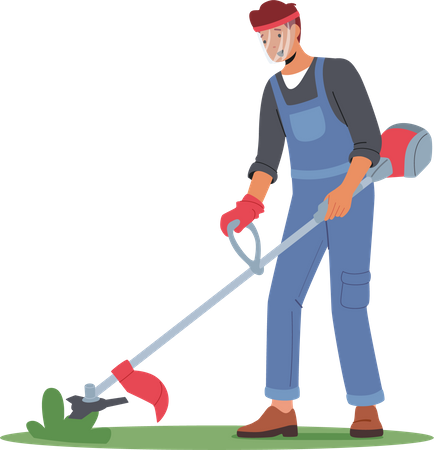 L'homme tond la pelouse à l'aide d'un coupe-herbe  Illustration