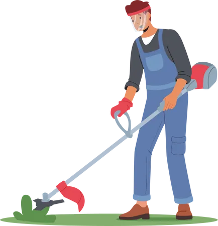 L'homme tond la pelouse à l'aide d'un coupe-herbe  Illustration