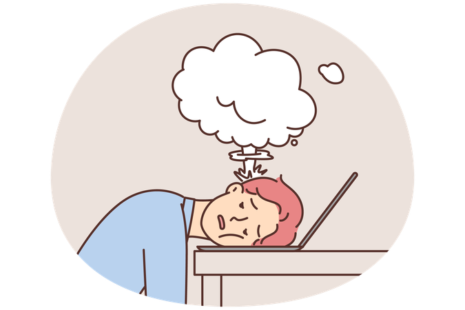 Un homme torturé a posé sa tête sur le clavier de son ordinateur portable en raison d'un surmenage et d'un manque de repos prolongé  Illustration