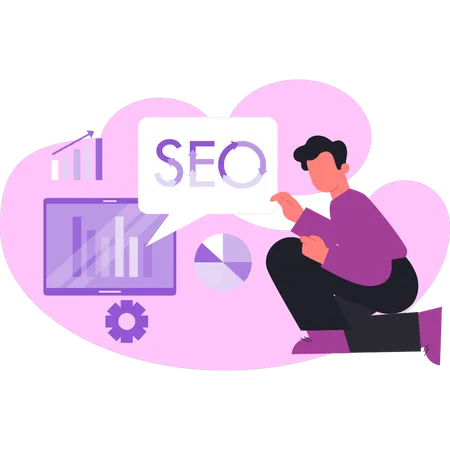 Un homme touchant une bulle de discussion SEO  Illustration