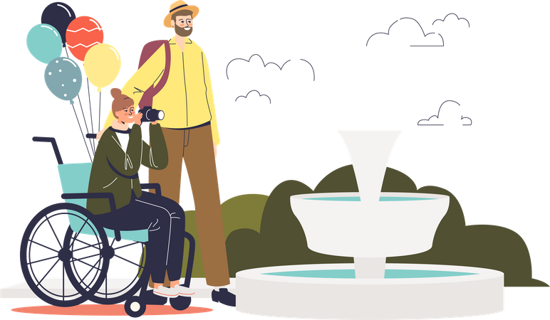 Touriste masculin aidant une femme en fauteuil roulant  Illustration