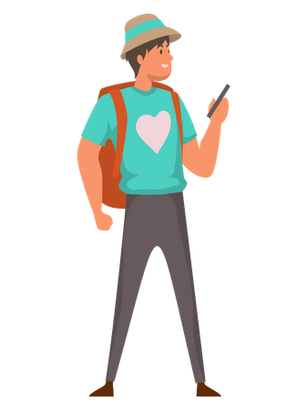 Touriste masculin avec sac à dos tenant le téléphone  Illustration