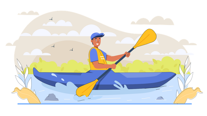 Touriste masculin aviron en kayak  Illustration