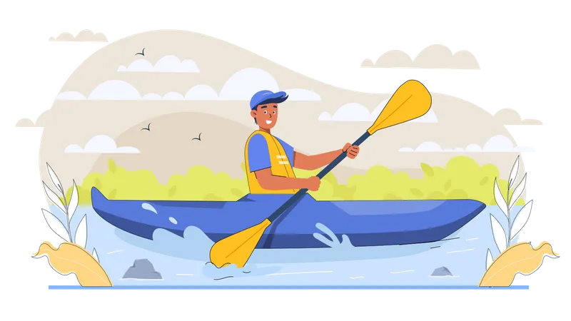 Touriste masculin aviron en kayak  Illustration