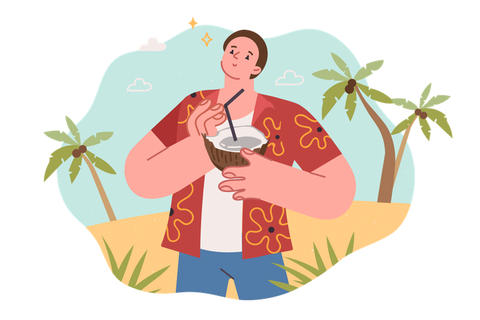 Homme touriste debout sur la plage et boit un cocktail à la noix de coco  Illustration